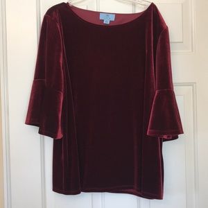 Burgundy velour top with 3/4 bell sleeves